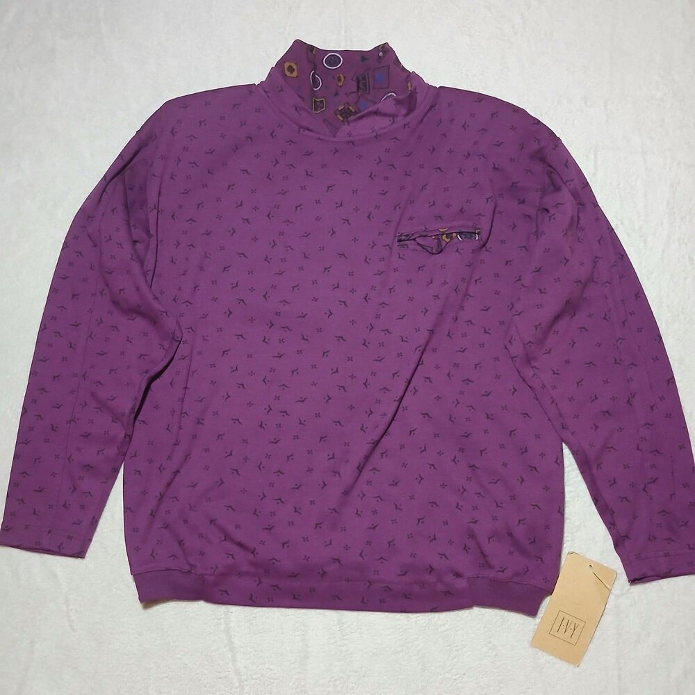 Vintage IVY Medium Geometric Sweatshirt Purple Micro Print Mock Neck Retro 90's